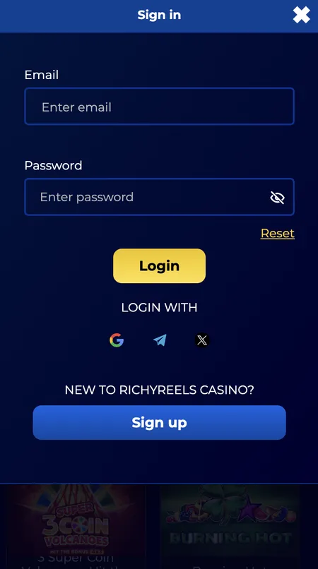 Richy Reels login screen with email and password fields