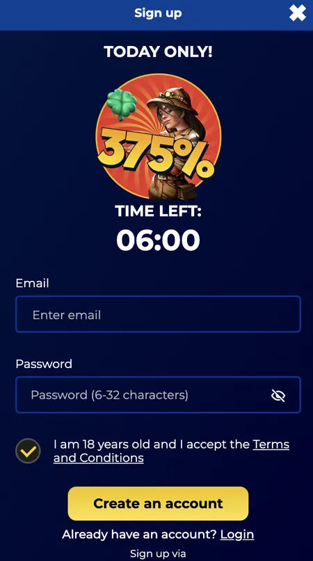 Richy Reels registration screen with bonus offer and countdown timer